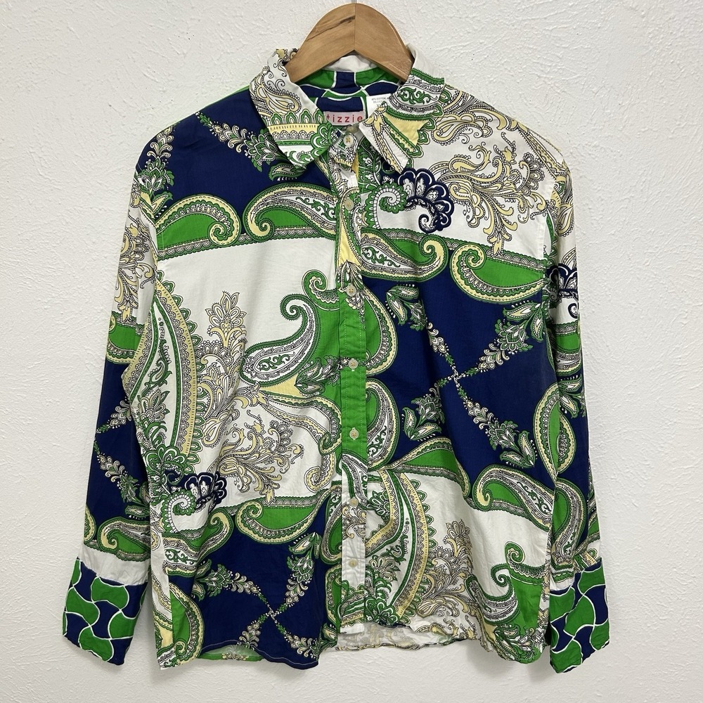 Tizzie Paisley Floral Shirt Green White Contrast Cuffs Size XL Preppy Coastal